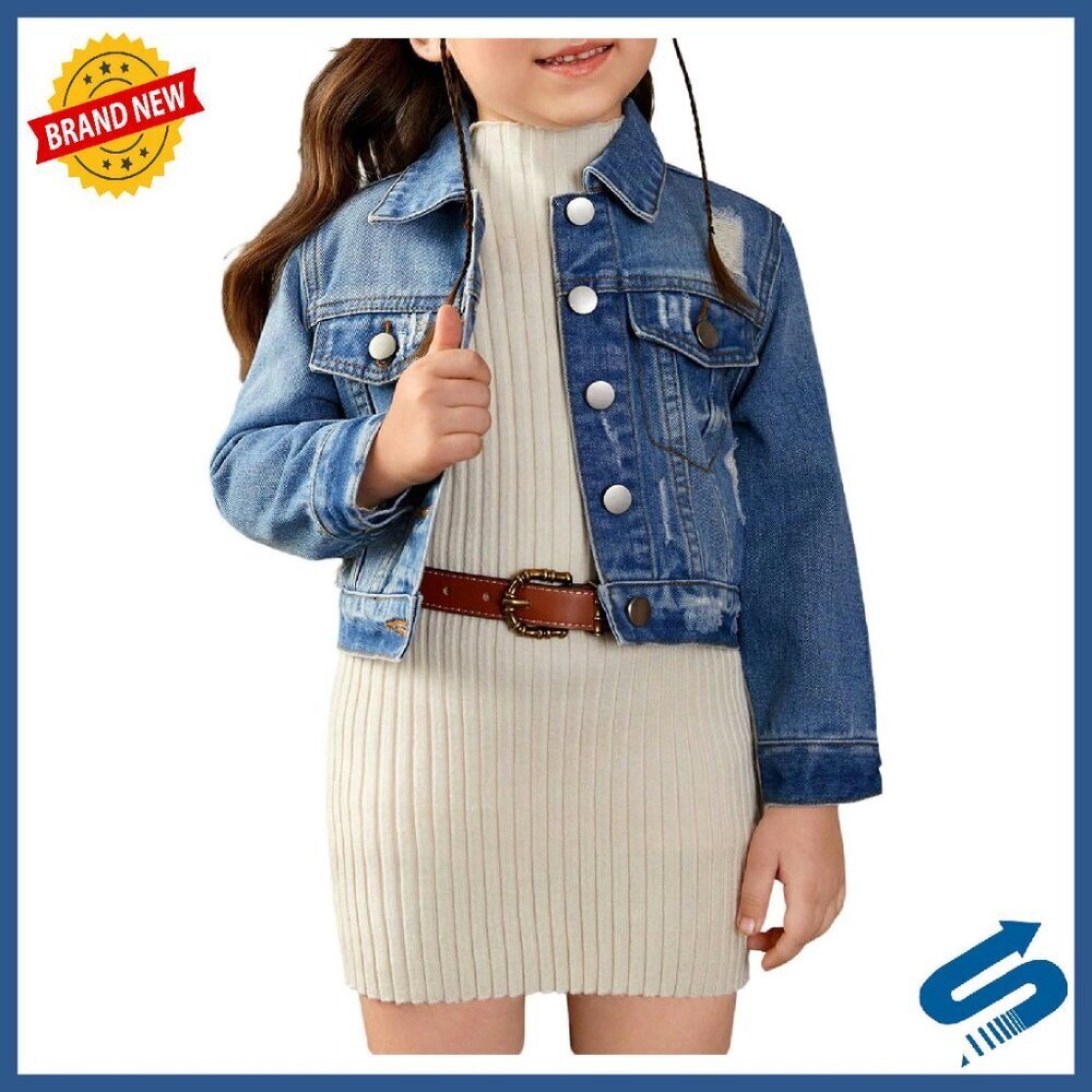 Vintage Distressed Denim Jacket Crop Top Girls 3T-5T Long Sleeve